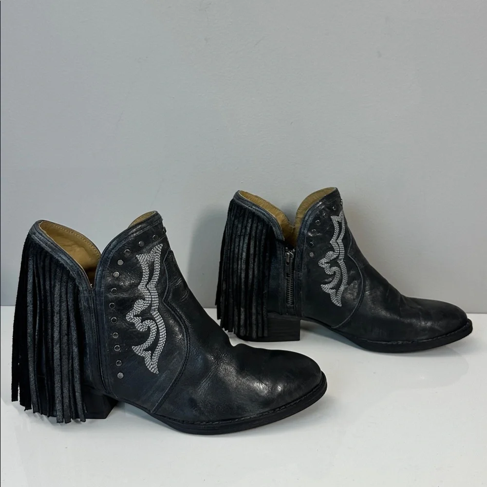Black Leather Fringe Studded Cowboy Ankle Boots